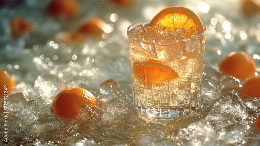 Poster a close up of an orange slice in a glass of water with ice on a table with oranges in the background