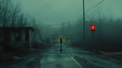 Lonely man walking on empty street, horror movie concept, scary stories in the dark