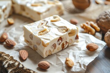 Fototapeta na wymiar Delightful nutty nougat pieces on parchment paper with room for text