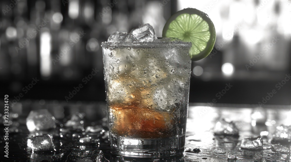 Aufkleber a black and white photo of a drink with a lime slice on the rim and ice cubes on the table in front 