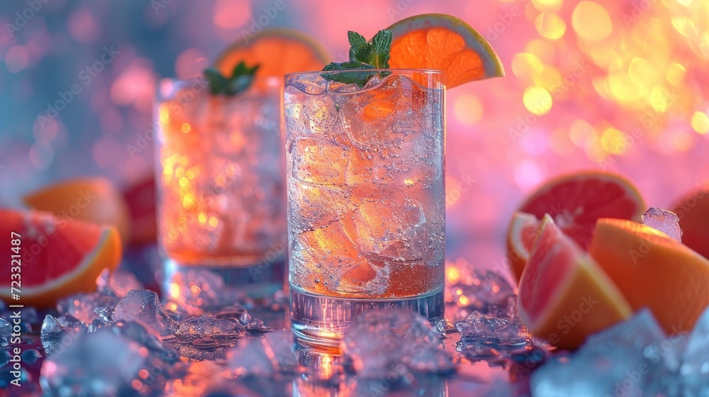 Poster a close up of a glass of water with a slice of orange on the rim and a slice of grapefruit in the mi