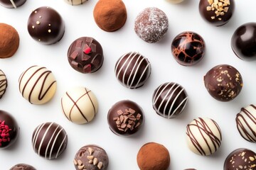 Different chocolate truffles on white background viewed from above Round milk black and white chocolate candies alone - obrazy, fototapety, plakaty