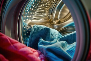 Door of dirty shirts inside washing machine in close up