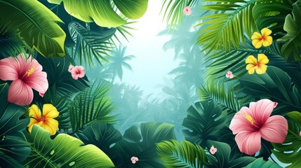 Fototapeta premium Beautiful background for advertising with tropical leaves, palm trees