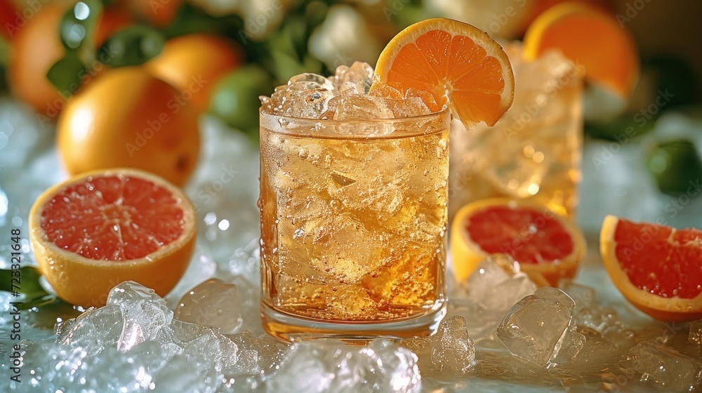 Poster  a close up of a drink on a table with grapefruits and oranges in the background and a bunch of other grapefruits in the foreground.