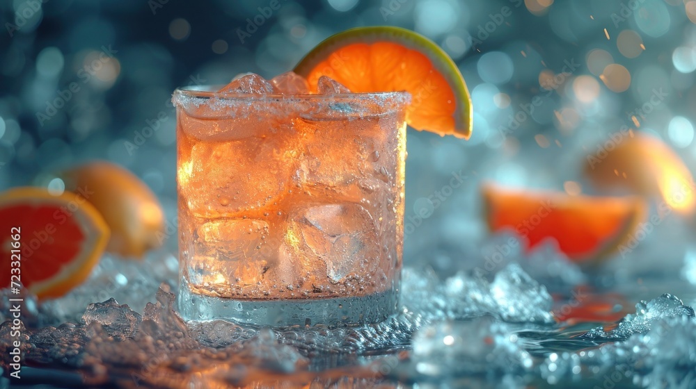 Poster a close up of a glass of ice with a slice of orange on the rim and a slice of lime on the rim of the