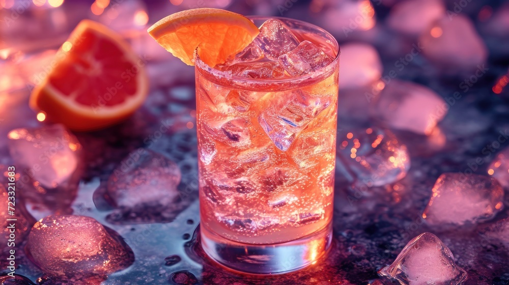 Poster  a close up of a glass with ice and a grapefruit on a table next to a grapefruit and a grapefruit on ice cubes.