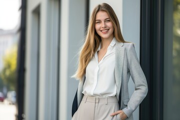 Fototapeta premium Young happy pretty smiling professional business woman, happy confident positive female entrepreneur standing outdoor on street hands in pockets, looking at camera, 