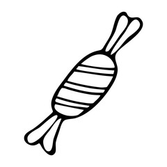 Candy in striped wrapper doodle. Chocolate dessert. Hand drawn graphics illustration.