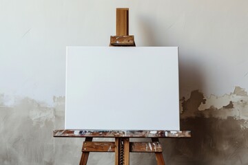 Empty canvas on wooden easel by white wall Room for writing
