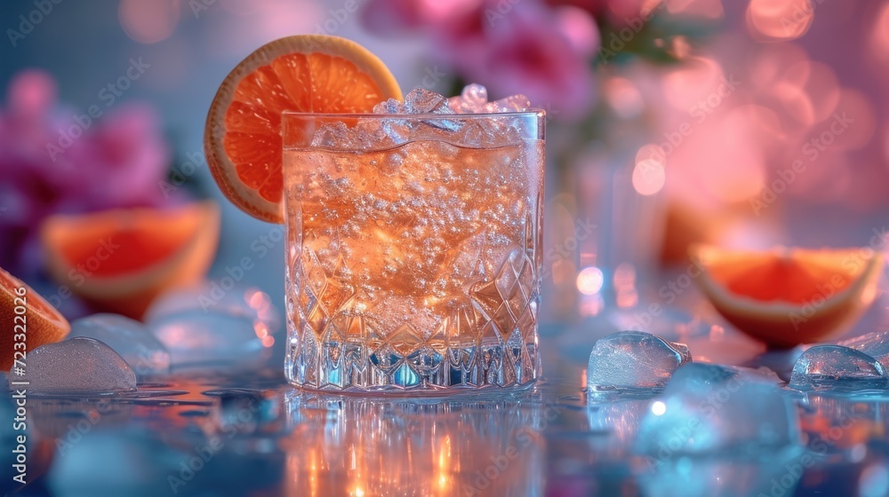 Poster a close up of a glass with ice and a slice of an orange on a table next to a vase with flowers and i