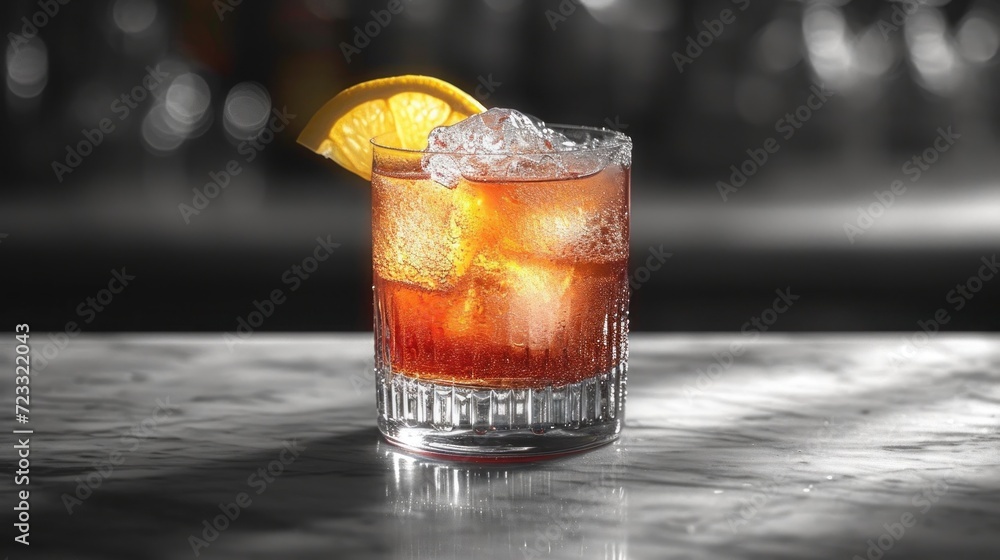 Poster a close up of a drink on a table with a slice of lemon on the top of the drink and a black and white