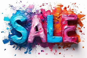 the typographic inscription SALE made in colored paints on a white background. There are splashes of paint all around . Illustration - obrazy, fototapety, plakaty
