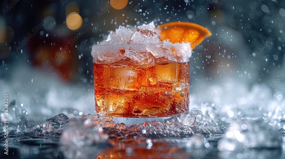 Poster  a close up of a glass of ice and an orange slice on a table with water splashing around it and a blurry background of boke of lights.