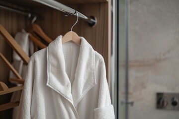 Empty hotel wardrobe with white bathrobe and hanger