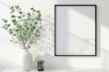 Empty picture frame display for art or print on white wall with eucalyptus plant in vase - Powered by Adobe