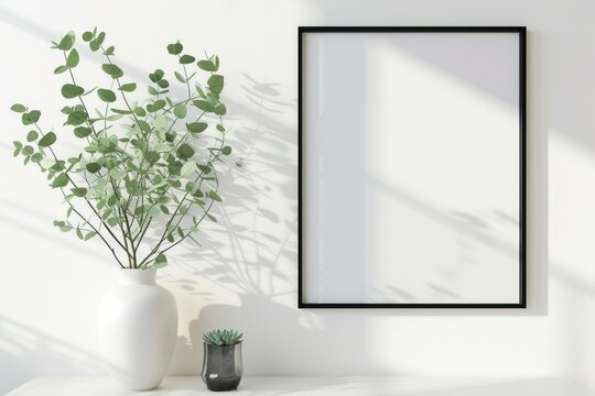 Empty picture frame display for art or print on white wall with eucalyptus plant in vase