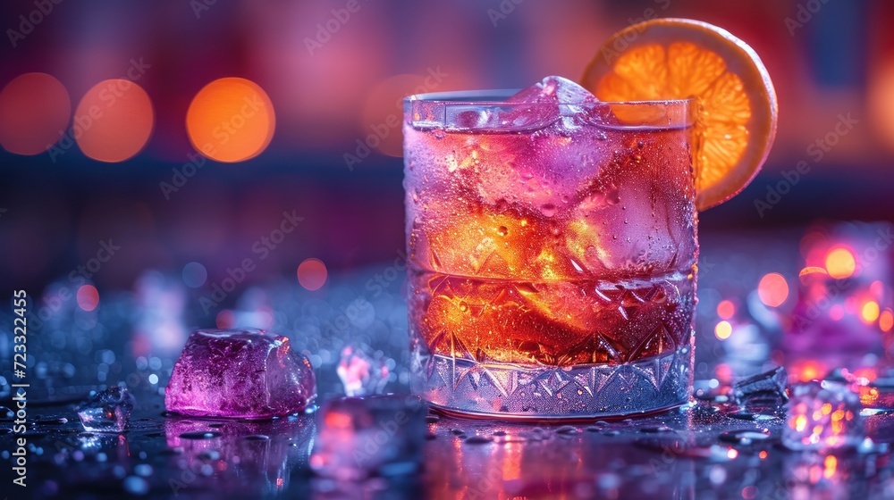Poster a close up of a glass with ice and a slice of an orange on a table next to a glass with ice and a sl