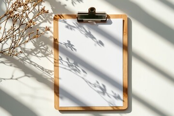 Floral shadows on a white background featuring a wooden clipboard with blank A4 paper Simplistic concept for menus and business templates