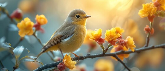  a small yellow bird sitting on a branch of a tree with yellow and red flowers in front of a blue sky with the sun shining through the branches of the branches. - obrazy, fototapety, plakaty