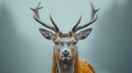  a close up of a deer with antlers on it's head and antlers on it's back, with snow on its antlers, against a gray sky background.