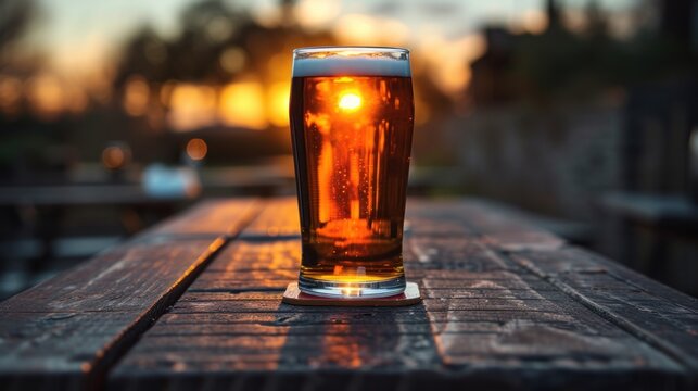  a close up of a glass of beer on a wooden table with a sunset in the backgroung of the picture and a tree in the distance in the distance.