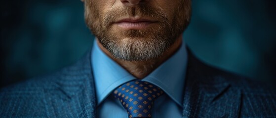  a close up of a man wearing a blue suit with a blue shirt and a blue tie with a gold polka dot pattern on it and a dark blue background. - obrazy, fototapety, plakaty