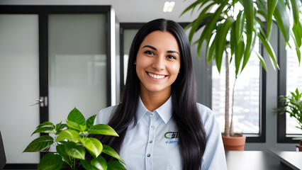 A cheerful young woman with long hair, wearing a light blue shirt, is in a plant-filled office