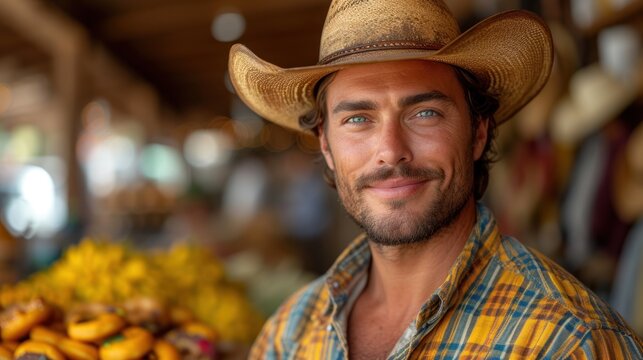  a man wearing a cowboy hat stands in front of a display of bananas and other produce at a farmer's market, smiling for the camera man is looking at the camera.