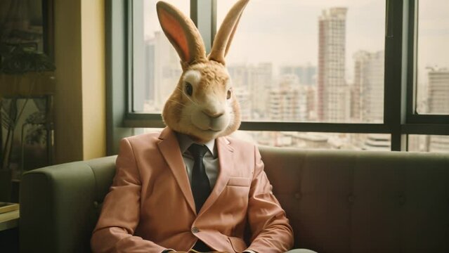 portrait of a rabbit in a suit sitting in an office