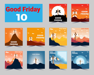 Cross crucifix on hill and bird flying at sunset for good friday vector design - obrazy, fototapety, plakaty