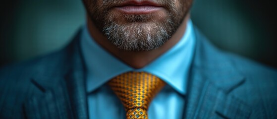  a close up of a man wearing a blue suit and a yellow tie with a blue shirt and a blue blazer and blue shirt with a gold and black tie. - obrazy, fototapety, plakaty