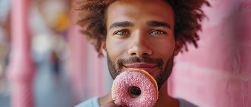  a man with curly hair holding a pink donut in front of his face with sprinkles on the outside of the donut and a pink wall behind him.