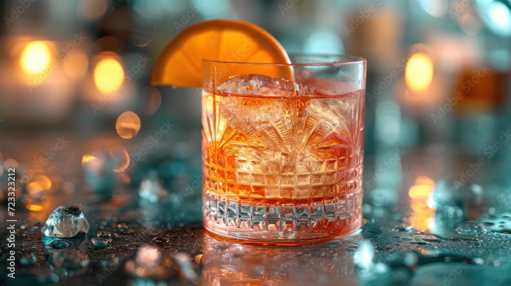 Poster a close up of a drink in a glass with an orange slice on the rim and ice cubes on the table in front