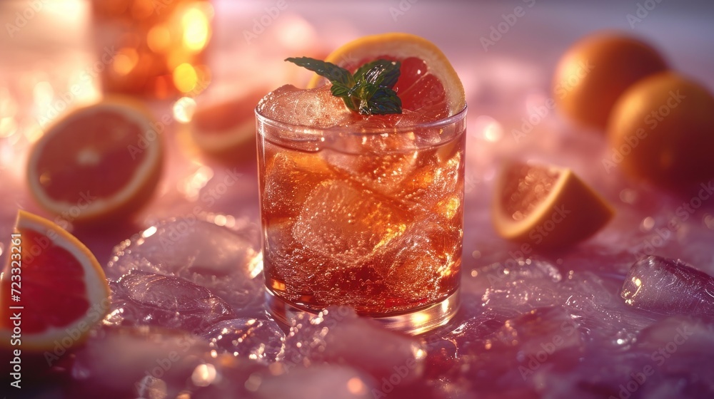 Poster  a close up of a drink in a glass on a table with oranges and grapefruits around it and a few other grapefruits in the background.