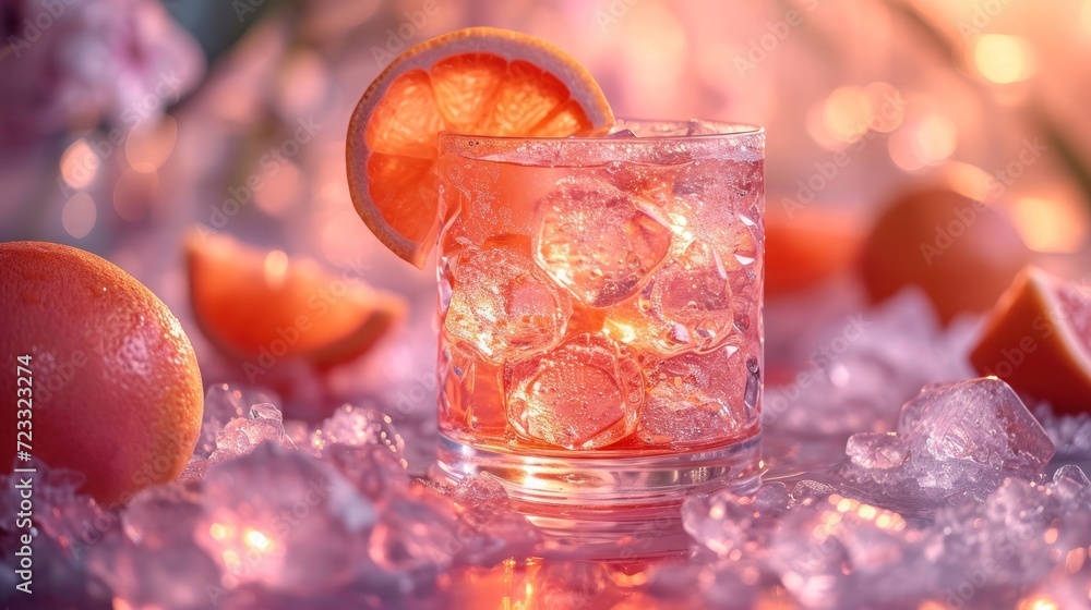 Poster a close up of a glass of ice with a slice of an orange on top of it and some ice on the bottom of th