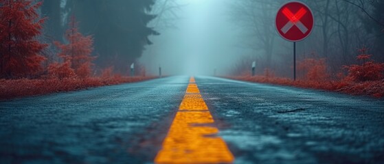  a foggy road with a yellow line in the middle of the road and a red and white sign on the side of the road in the middle of the road.