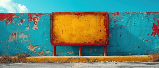  a blue and yellow wall with a rusted out sign in the middle of the wall and a blue sky with clouds in the back ground and a blue sky with a few white clouds.