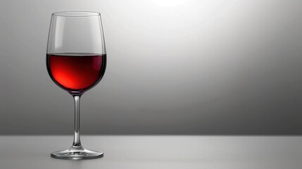  a close up of a wine glass with a liquid inside of it on a table with a gray wall in the background and a light reflecting off the side of the glass.