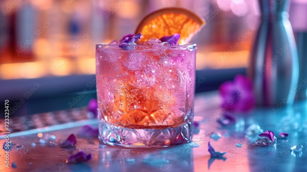 Poster a close up of a drink in a glass with ice and an orange slice on a table with purple flowers and a r