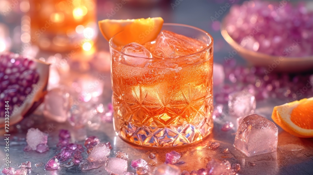 Poster a close up of a glass with a drink on a table next to some ice cubes and a slice of orange on top of