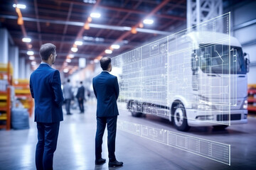 Obraz premium Corporate Businessmen Evaluating a Holographic Display of Commercial Vehicle Design in a Modern Factory. Transport and logistic optimization concept.
