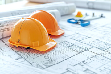 Construction Planning Concept with Yellow Safety Helmets on Architectural Blueprints