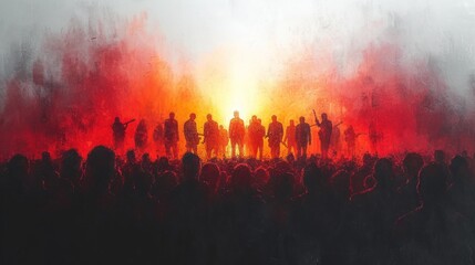  a painting of a group of people standing in front of a bright orange and red light in the middle of a crowd of people standing in front of a black and white and red smoke.