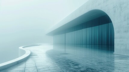  a curved walkway in front of a building on a foggy day in the middle of a concrete area with a curved walkway in front of a building on a foggy day.
