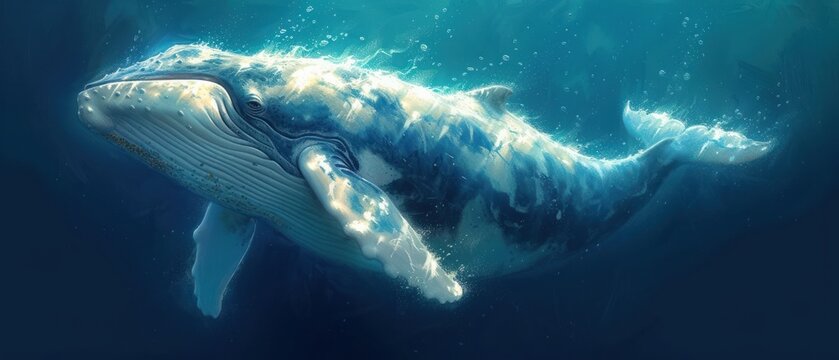  a painting of a humpback whale swimming in the ocean with its head above the water's surface, with bubbles coming out of it's mouth.
