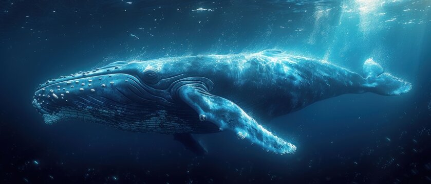  a humpback whale swims under the water's surface in a blue ocean with bubbles and bubbles on the water's surface, it's surface is blue.