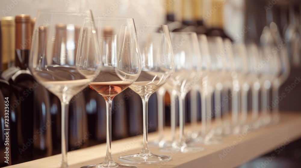 Poster a row of wine glasses sitting on top of a counter next to a bottle of wine and a glass of wine in fr