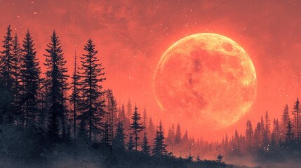  a painting of a full moon in a red sky with trees in the foreground and a red sky with stars in the middle of the middle of the picture.