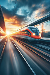 vertical dynamic photo of a high-speed train moving quickly in blurred motion, Concept of Modern Travel
